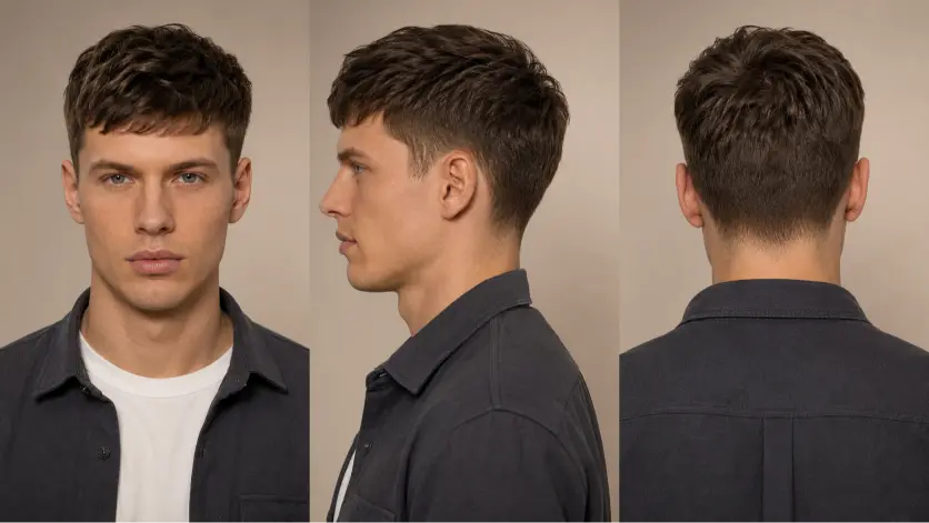 one powerfull image alt Clean and sharp crew cut haircut for men with modern fade, textured top, and masculine low maintenance style for every face shape
