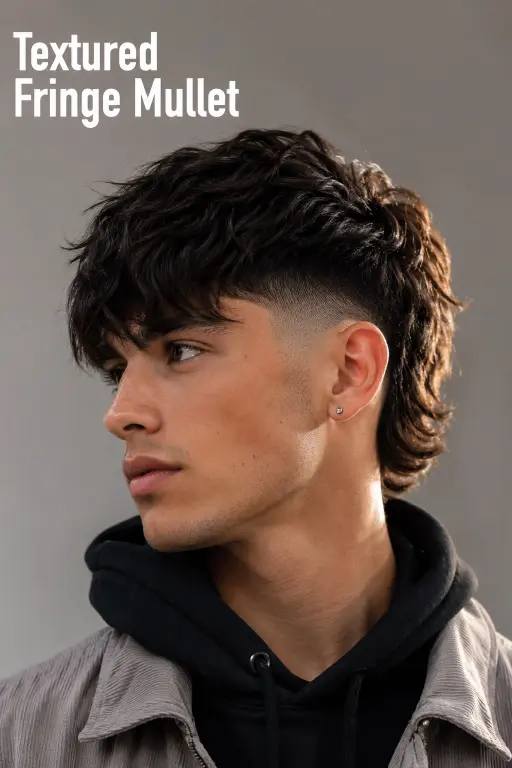 Man with a modern mullet fade haircut featuring textured volume on top, faded sides, and longer layered hair at the back for a bold stylish look