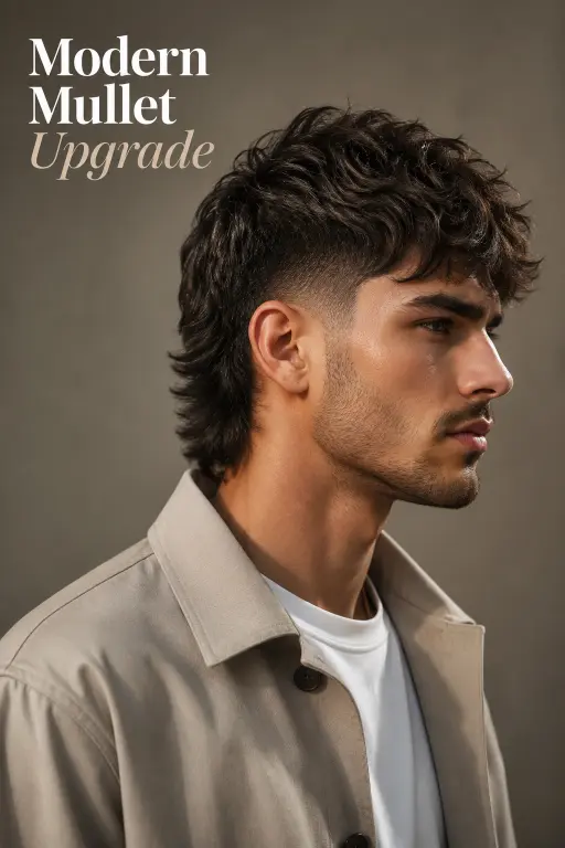 Man with a textured burst fade mullet hairstyle featuring sharp faded sides, messy volume on top, and longer layered hair in the back for a modern edgy look