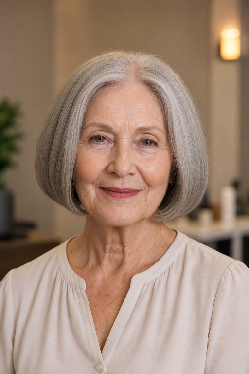 Elegant short layered hairstyle for women over 70 with soft volume and natural gray hair
