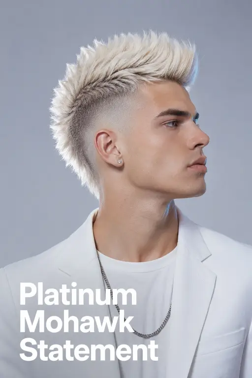 Man with a modern burst fade mohawk haircut featuring textured volume, sharp faded sides, and bold masculine style trend for men