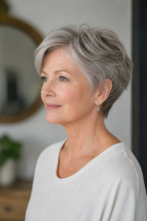 Short layered hairstyles for women over 60 showcasing modern volume, texture, and easy-to-maintain elegant looks
