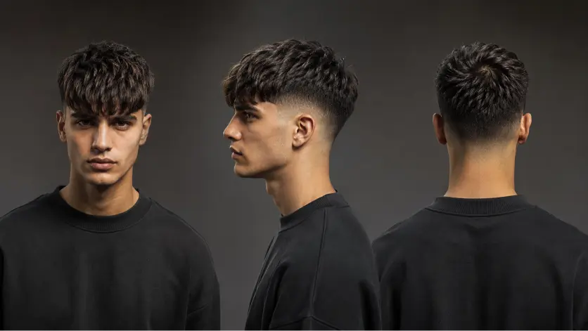 Man with a modern French crop high fade haircut featuring textured top layers, sharp faded sides, and a clean masculine finish, showcasing trendy men’s hairstyle inspiration for 2026.
