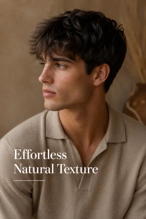 Messy fringe haircut for men with textured volume, modern fade, and natural movement — stylish 2026 men’s hairstyle idea for straight, wavy, and curly hair types.