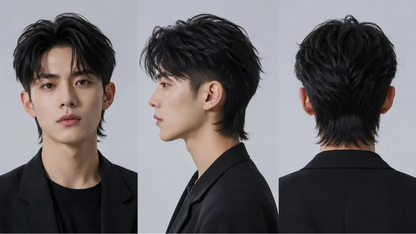 Man with a modern mullet fade haircut featuring textured volume on top, faded sides, and longer layered hair at the back for a bold stylish look