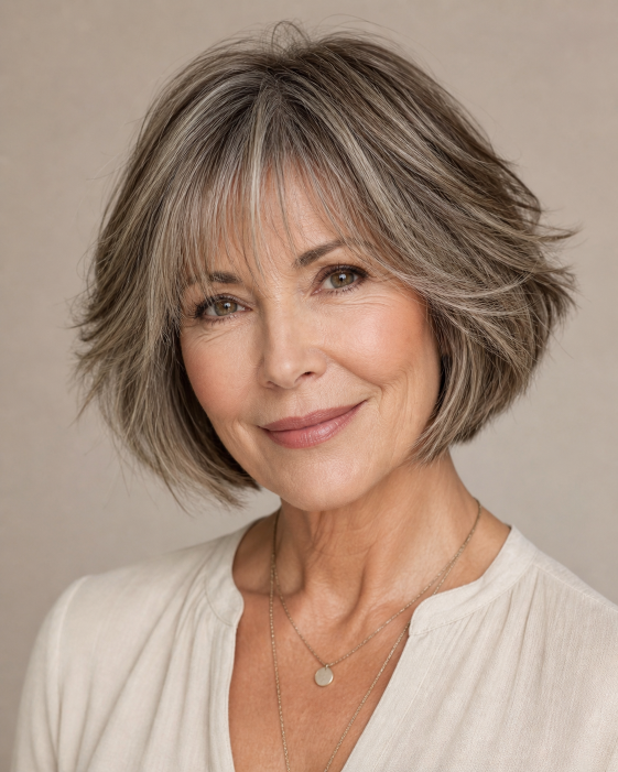 Layered bob with bangs for women over 50 showcasing flattering, modern styles for different face shapes and hair textures