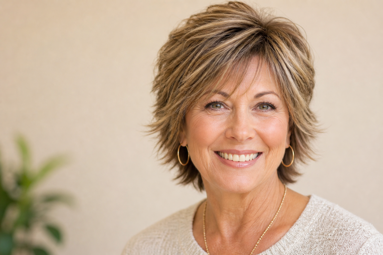 Short shag haircut for women over 50 with soft layered texture, voluminous crown, and wispy bangs adding youthful movement and fullness to thinning hair