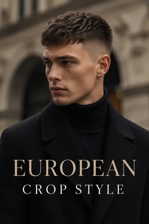 Man with a modern French crop high fade haircut featuring textured top layers, sharp faded sides, and a clean masculine finish, showcasing trendy men’s hairstyle inspiration for 2026.
