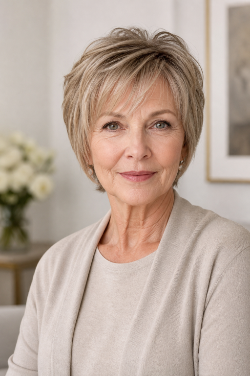 Short layered pixie haircut for women over 60 with thin fine hair adding volume and lift