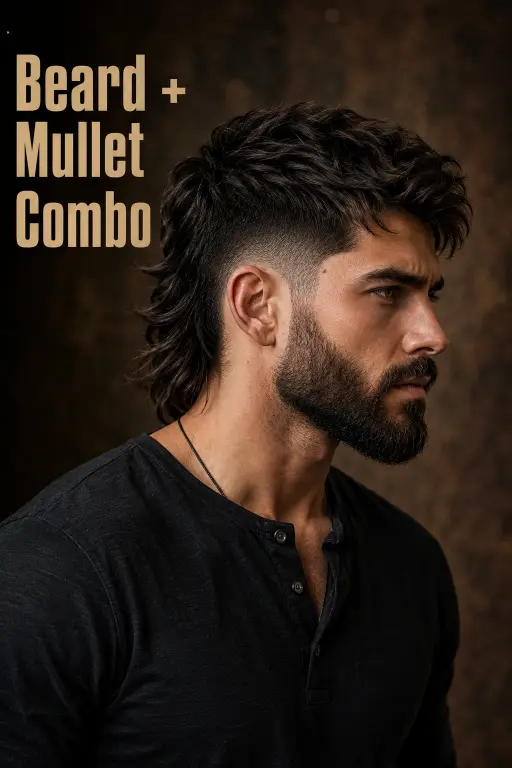 Man with a modern mullet fade haircut featuring textured volume on top, faded sides, and longer layered hair at the back for a bold stylish look