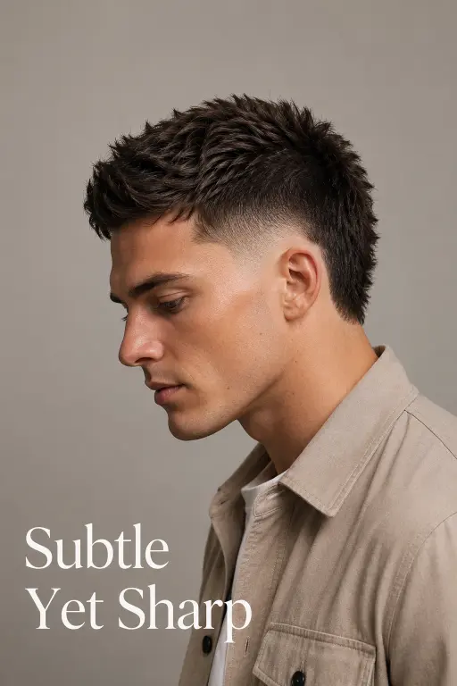 Man with a modern burst fade mohawk haircut featuring textured volume, sharp faded sides, and bold masculine style trend for men
