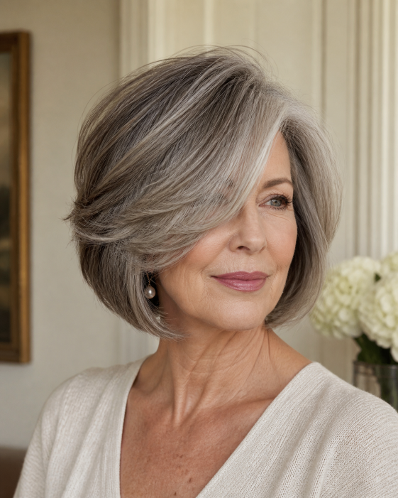 Layered bob with bangs for women over 50 showcasing flattering, modern styles for different face shapes and hair textures