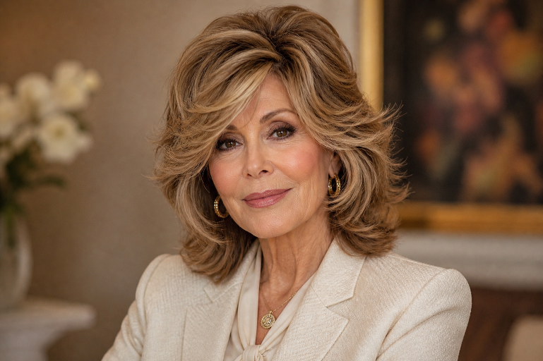 Short shag haircut for women over 50 with soft layered texture, voluminous crown, and wispy bangs adding youthful movement and fullness to thinning hair