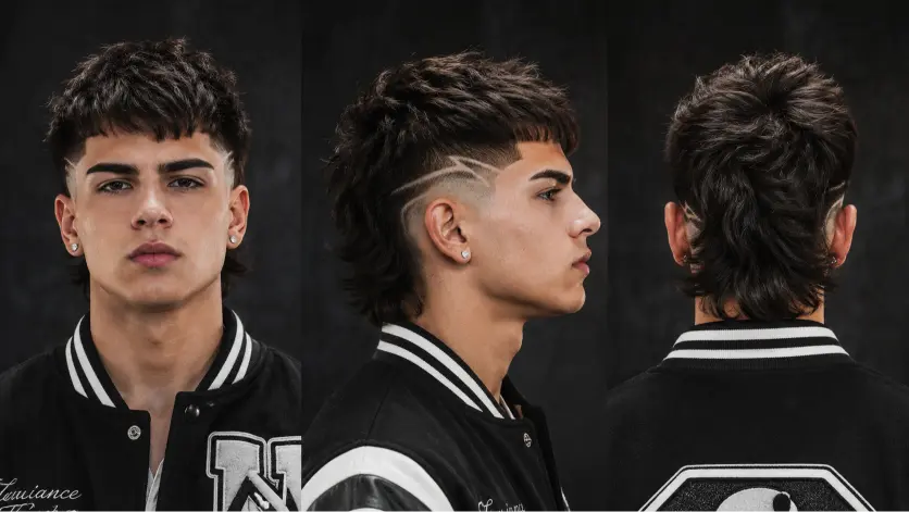 Man with a modern mullet fade haircut featuring textured volume on top, faded sides, and longer layered hair at the back for a bold stylish look