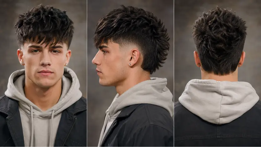 Man with a modern burst fade mohawk haircut featuring textured volume, sharp faded sides, and bold masculine style trend for men