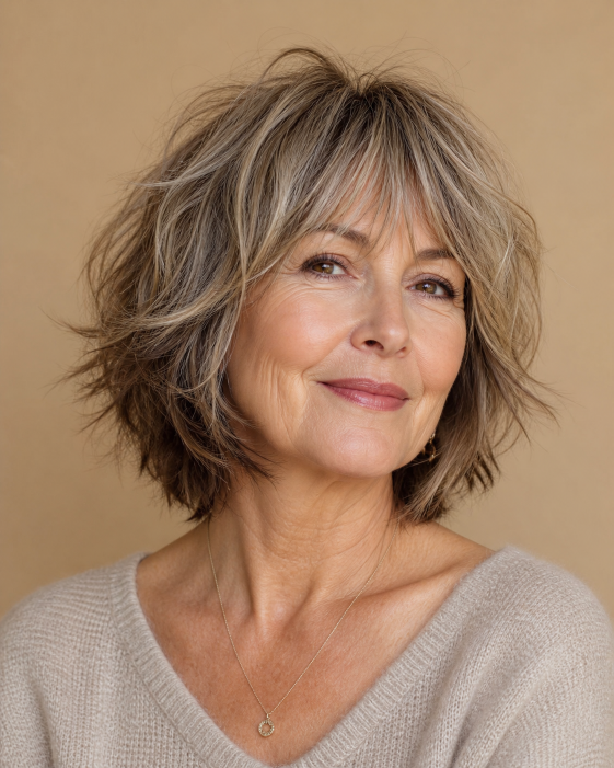 Layered bob with bangs for women over 50 showcasing flattering, modern styles for different face shapes and hair textures