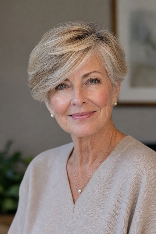 Short layered pixie haircut for women over 60 with thin fine hair adding volume and lift