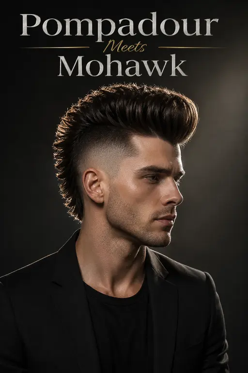 Man with a modern burst fade mohawk haircut featuring textured volume, sharp faded sides, and bold masculine style trend for men