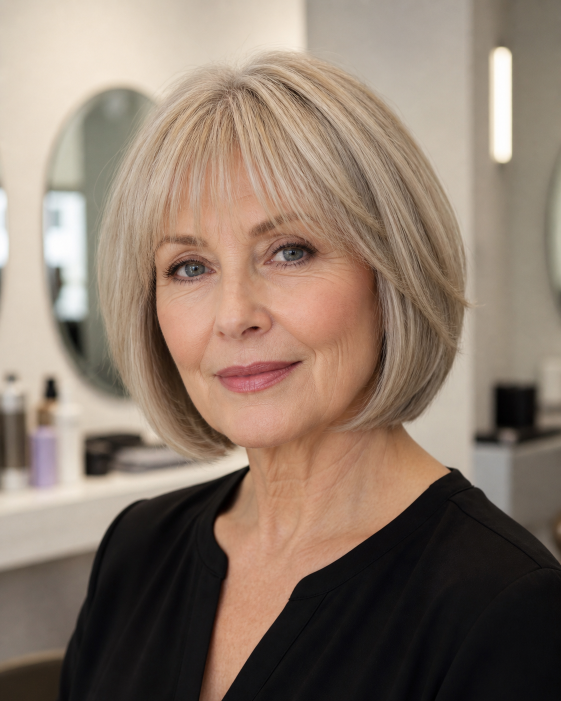 Layered bob with bangs for women over 50 showcasing flattering, modern styles for different face shapes and hair textures