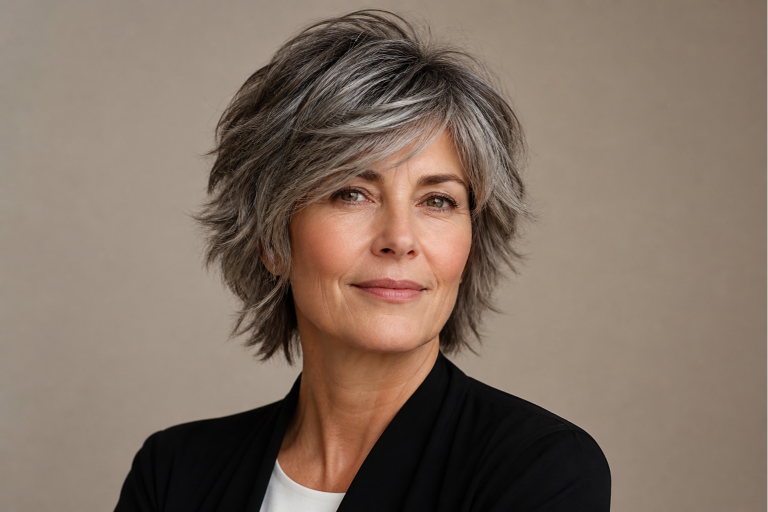 Short shag haircut for women over 50 with soft layered texture, voluminous crown, and wispy bangs adding youthful movement and fullness to thinning hair