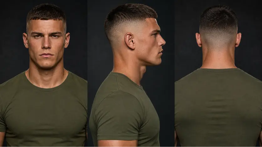Man with a modern French crop high fade haircut featuring textured top layers, sharp faded sides, and a clean masculine finish, showcasing trendy men’s hairstyle inspiration for 2026.