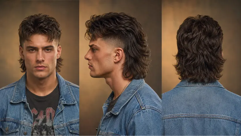 Man with a modern mullet fade haircut featuring textured volume on top, faded sides, and longer layered hair at the back for a bold stylish look