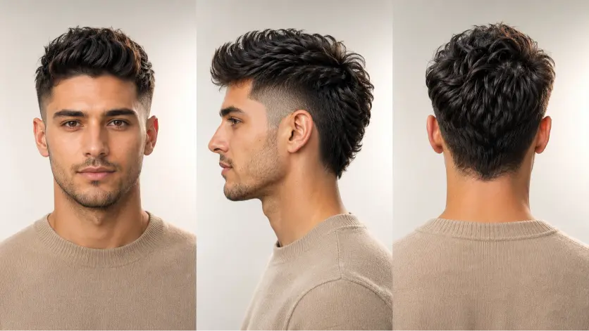 Man with a modern burst fade mohawk haircut featuring textured volume, sharp faded sides, and bold masculine style trend for men