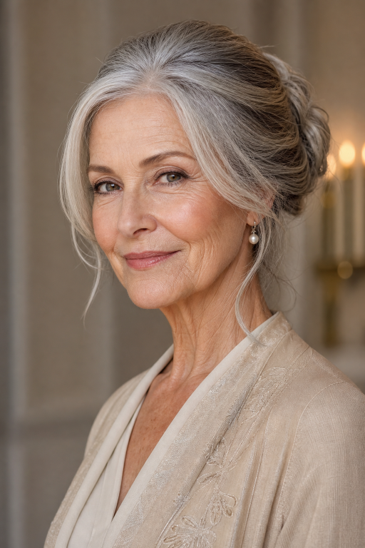 Elegant short layered hairstyle for women over 70 with soft volume and natural gray hair