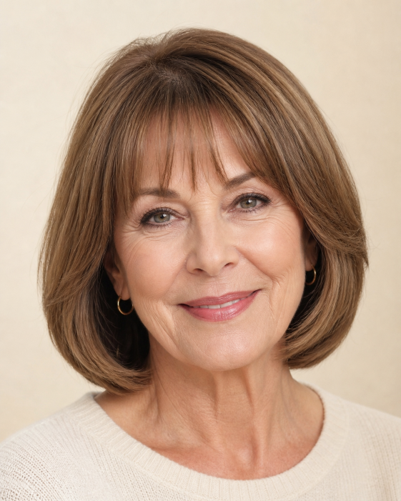 Layered bob with bangs for women over 50 showcasing flattering, modern styles for different face shapes and hair textures