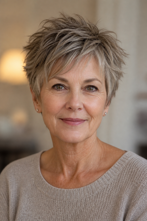 Short layered pixie haircut for women over 60 with thin fine hair adding volume and lift