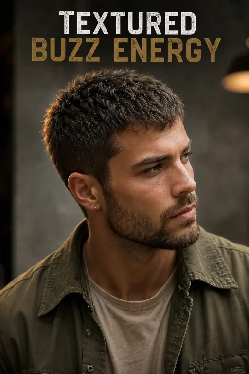 Modern long buzz cut hairstyles for men featuring fades, textured buzz cuts, beard combinations, and bold masculine looks