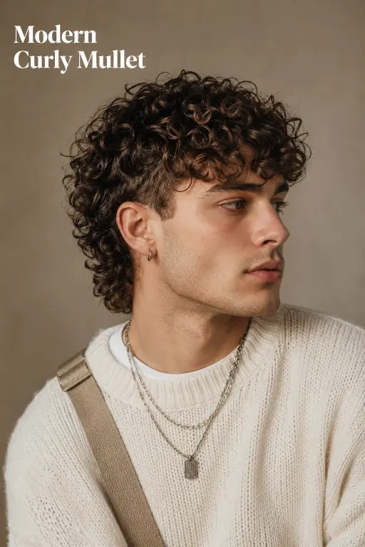 Modern textured mullet hairstyle for men with burst fade sides and layered back, showcasing a trendy masculine haircut for thick wavy hair