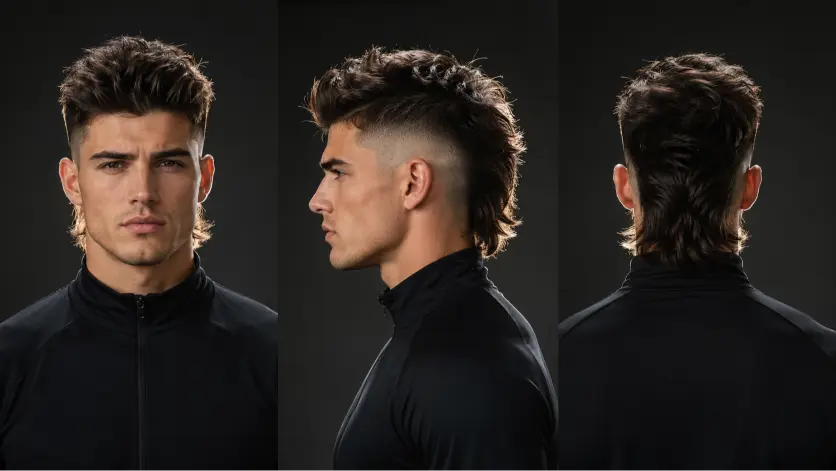 Man with a modern mullet fade haircut featuring textured volume on top, faded sides, and longer layered hair at the back for a bold stylish look