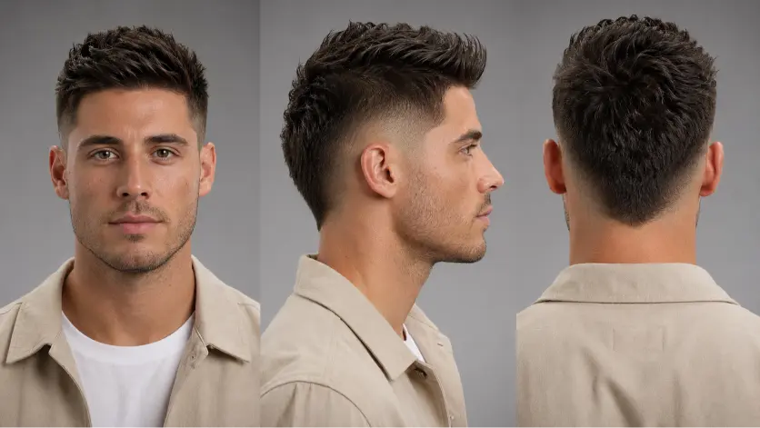 Man with a modern burst fade mohawk haircut featuring textured volume, sharp faded sides, and bold masculine style trend for men