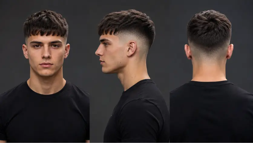 Man with a modern French crop high fade haircut featuring textured top layers, sharp faded sides, and a clean masculine finish, showcasing trendy men’s hairstyle inspiration for 2026.