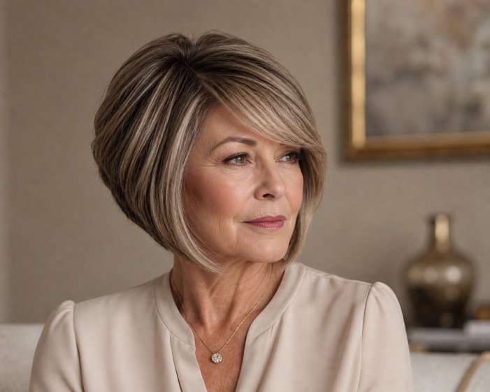 Layered bob with bangs for women over 50 showcasing flattering, modern styles for different face shapes and hair textures