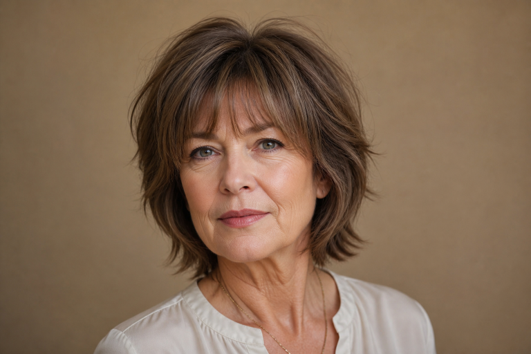 Short shag haircut for women over 50 with soft layered texture, voluminous crown, and wispy bangs adding youthful movement and fullness to thinning hair