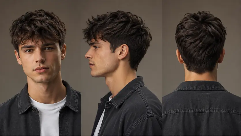 Messy fringe haircut for men with textured volume, modern fade, and natural movement — stylish 2026 men’s hairstyle idea for straight, wavy, and curly hair types.