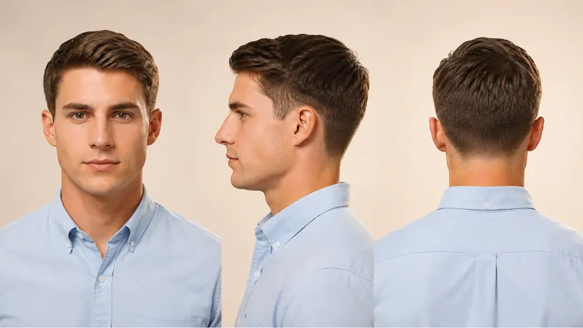 Confident young man with a modern Ivy League haircut featuring neatly tapered sides, textured side-parted top, and a clean masculine finish, styled in a premium barbershop setting with sharp grooming details and timeless men’s fashion aesthetic.