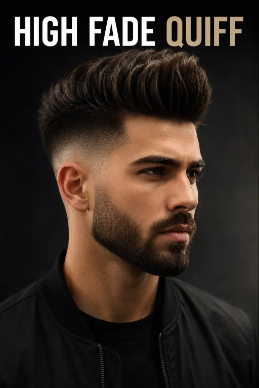 Modern textured quiff hairstyle for men with high fade, thick volume, and natural texture styled for a sharp masculine look