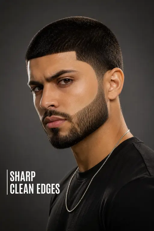Modern long buzz cut hairstyles for men featuring fades, textured buzz cuts, beard combinations, and bold masculine looks