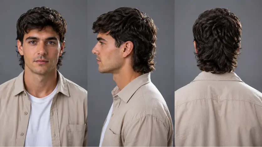 Modern textured mullet hairstyle for men with burst fade sides and layered back, showcasing a trendy masculine haircut for thick wavy hair