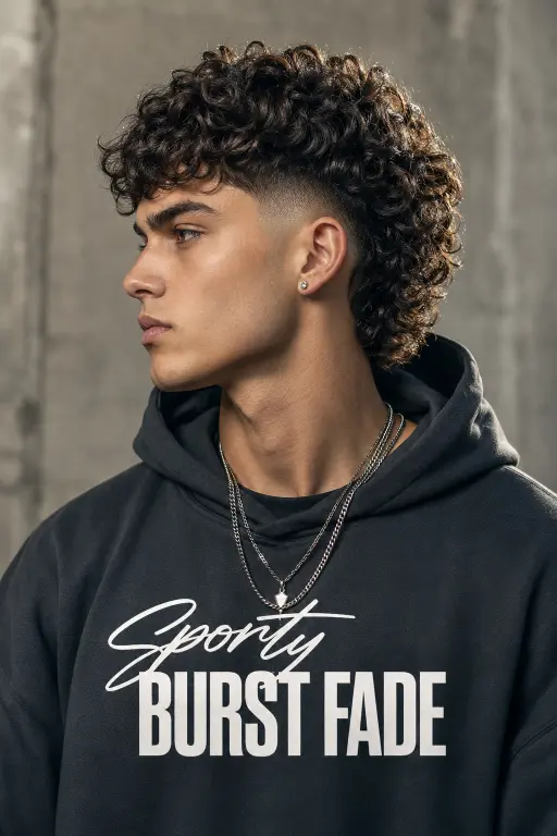 Man with a modern mullet fade haircut featuring textured volume on top, faded sides, and longer layered hair at the back for a bold stylish look