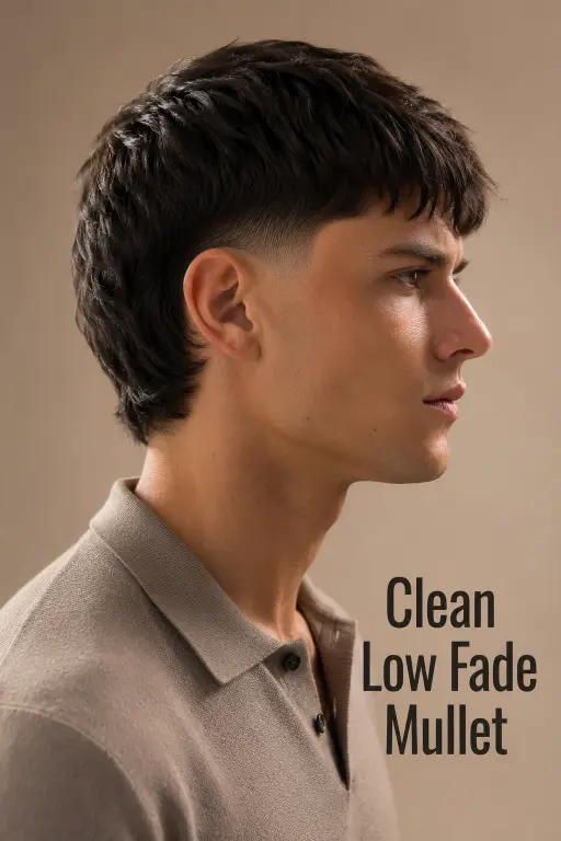 Man with a textured burst fade mullet hairstyle featuring sharp faded sides, messy volume on top, and longer layered hair in the back for a modern edgy look