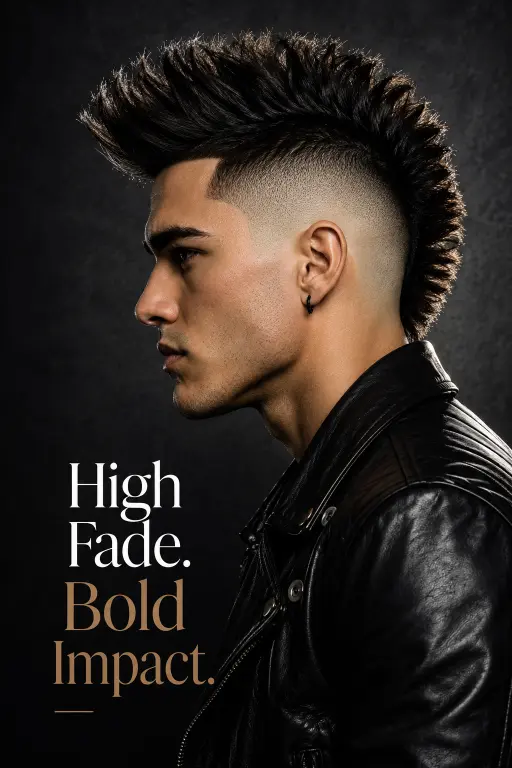 Man with a modern burst fade mohawk haircut featuring textured volume, sharp faded sides, and bold masculine style trend for men