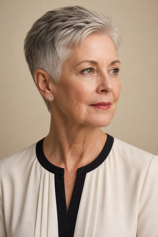 Elegant short layered hairstyle for women over 70 with soft volume and natural gray hair