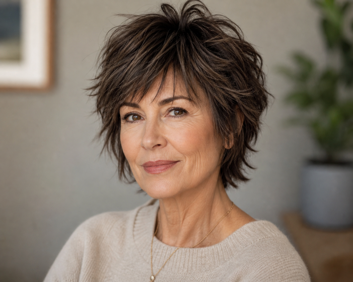Short shag haircut for women over 50 with soft layered texture, voluminous crown, and wispy bangs adding youthful movement and fullness to thinning hair