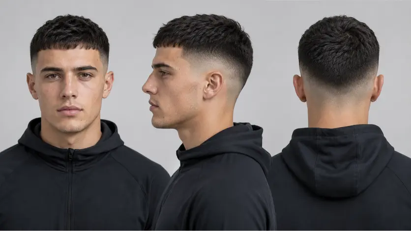 Sharp modern French crop low fade haircut on a stylish man with textured hair, clean faded sides, and defined fringe, showcasing trendy men’s grooming and contemporary barber style.