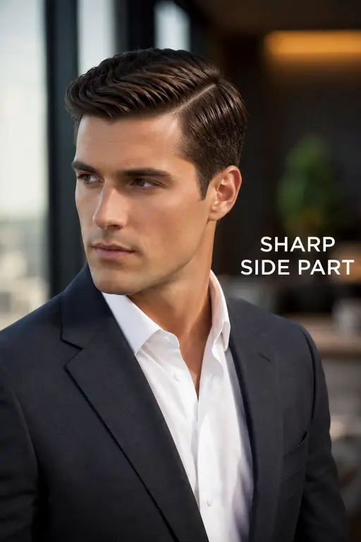 Confident young man with a modern Ivy League haircut featuring neatly tapered sides, textured side-parted top, and a clean masculine finish, styled in a premium barbershop setting with sharp grooming details and timeless men’s fashion aesthetic.