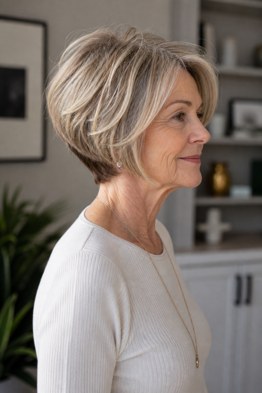 Short layered pixie haircut for women over 60 with thin fine hair adding volume and lift